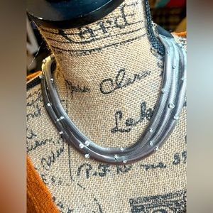 3 silver strands stud embellished sparkling thick silver vintage necklace